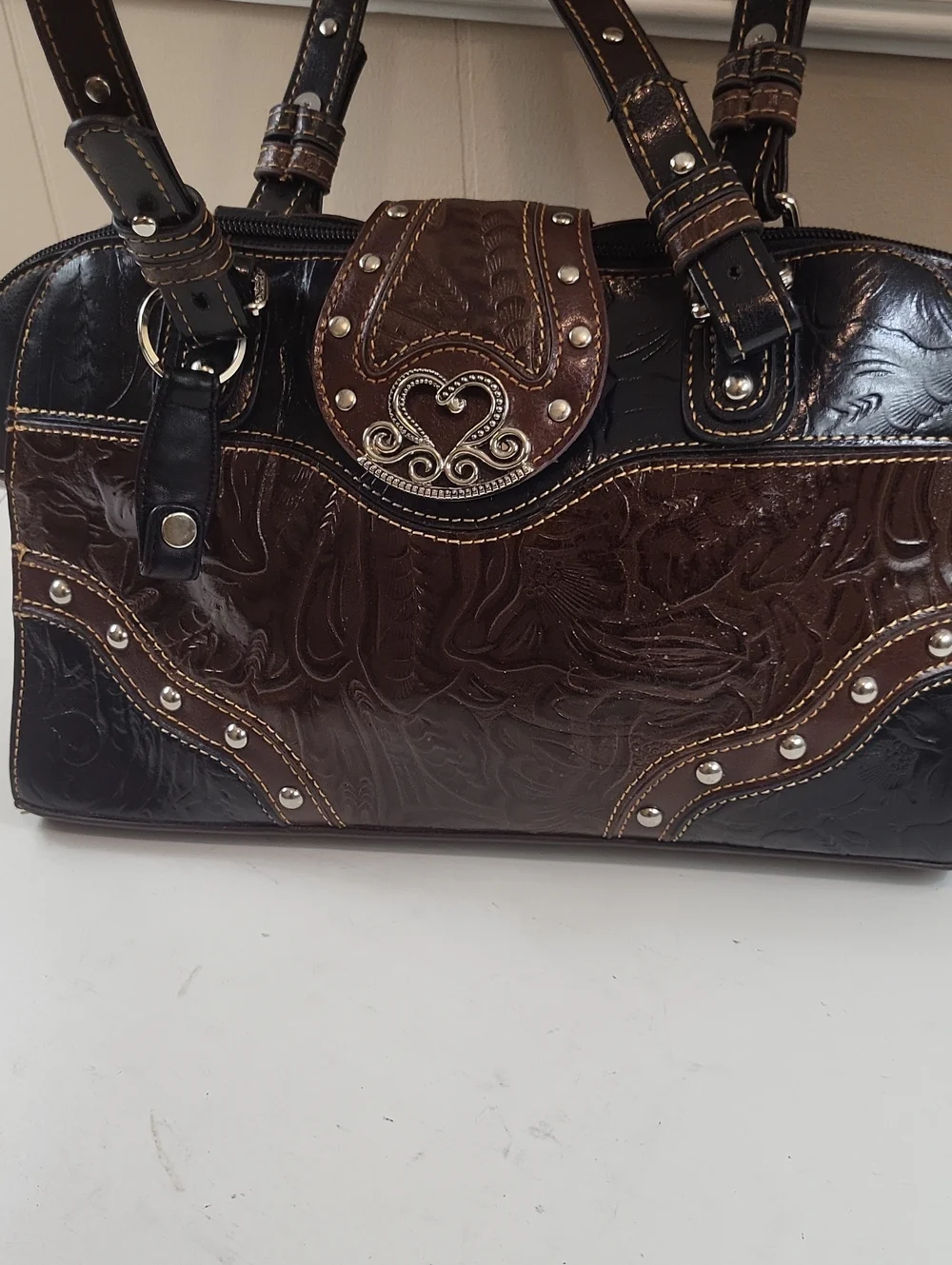 MC, Mark Chantel Dark Brown Embossed Shoulder Bag with Studded Trim